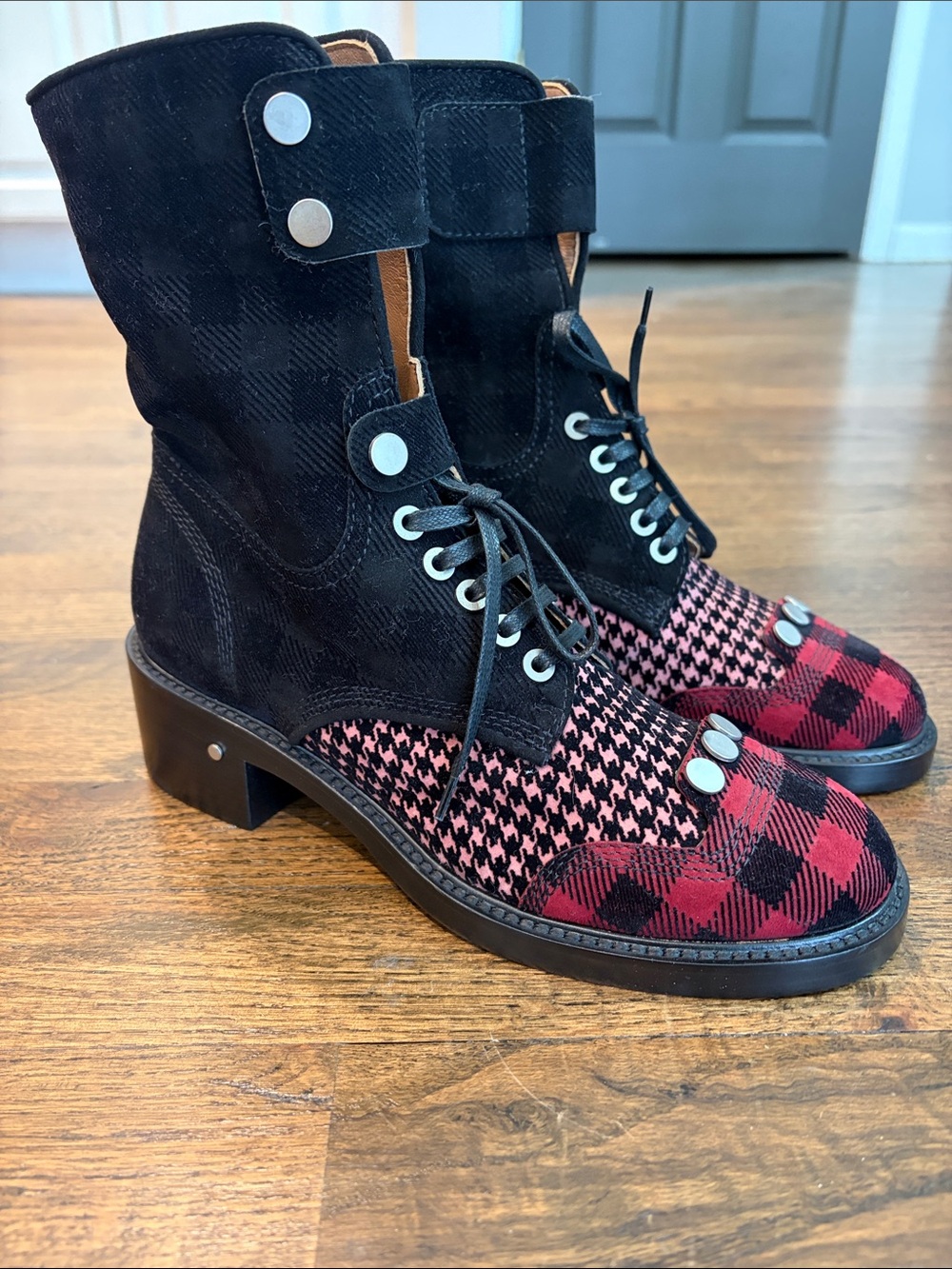 NWOT Laurence Dacade Black and Red Plaid & Houndstooth Lace-Up Ankle Boots